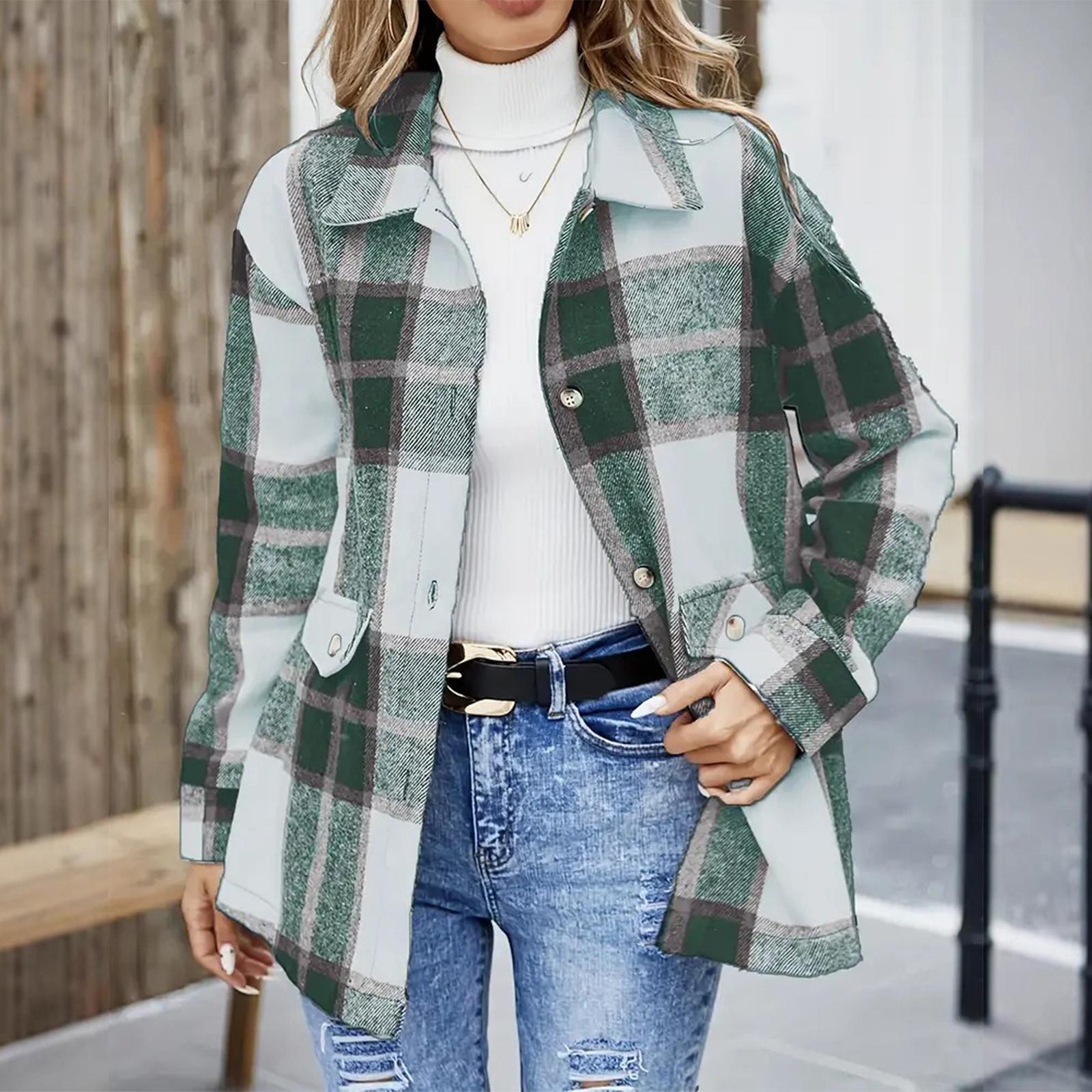 Womens Plaid Button Down Shirt Jacket Long Sleeve Lapel Collar Casual Loose Fit Outerwear for Fall and Winter Fashion M зелёный