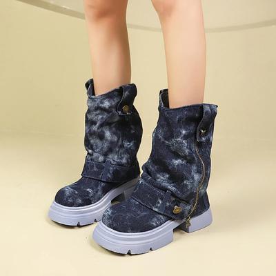 Denim Thick Sole Women's Chelsea Boots Mid-calf Designer Shoes Winter Fashion Hot Selling Versatile New Style Women's Boots