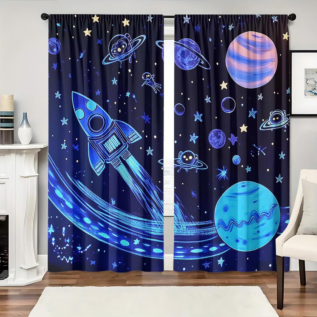 2Pcs Art Deco Space Theme Light-Filtering Curtains, Polyester Rod Pocket Window Drapes, Machine Washable, Fade Resistant, Decora