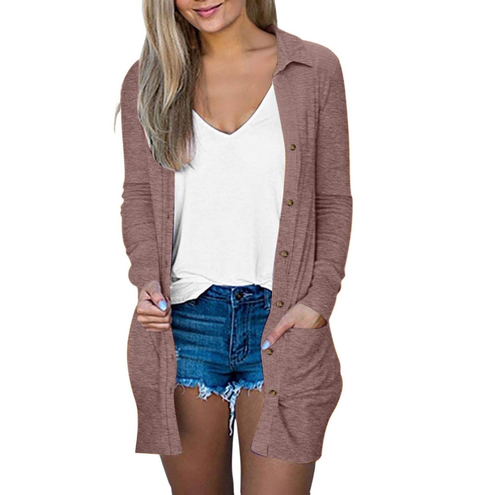 

Женский модный кардиган Легкий с длинным рукавом на пуговицах Свободный С карманом Однотонная куртка XL хаки