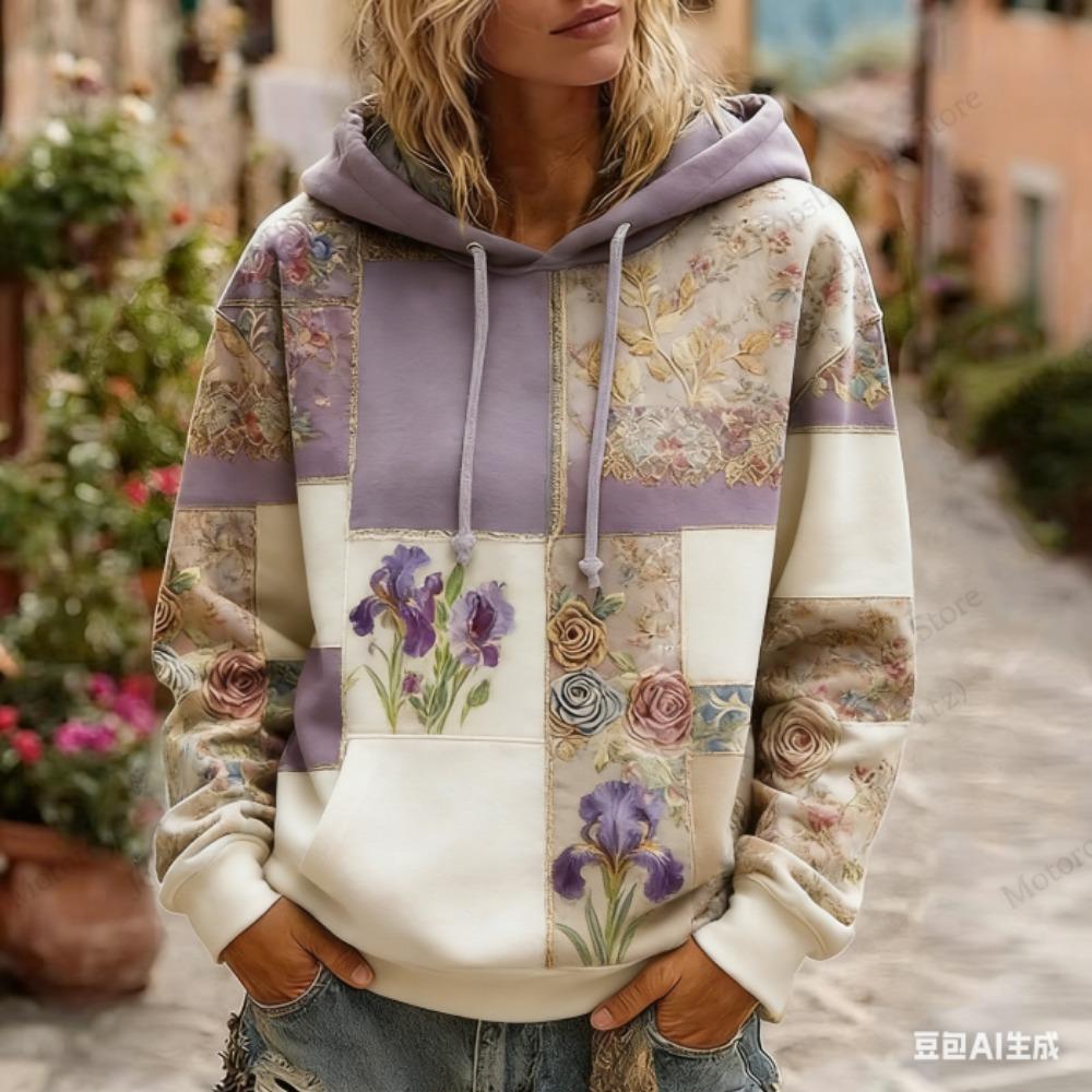 Spring Autumn Fashion Vintage Floral Print Women's Hoodie Women Casual European American Style Hoodie Sweatshirt Women Clothes Top