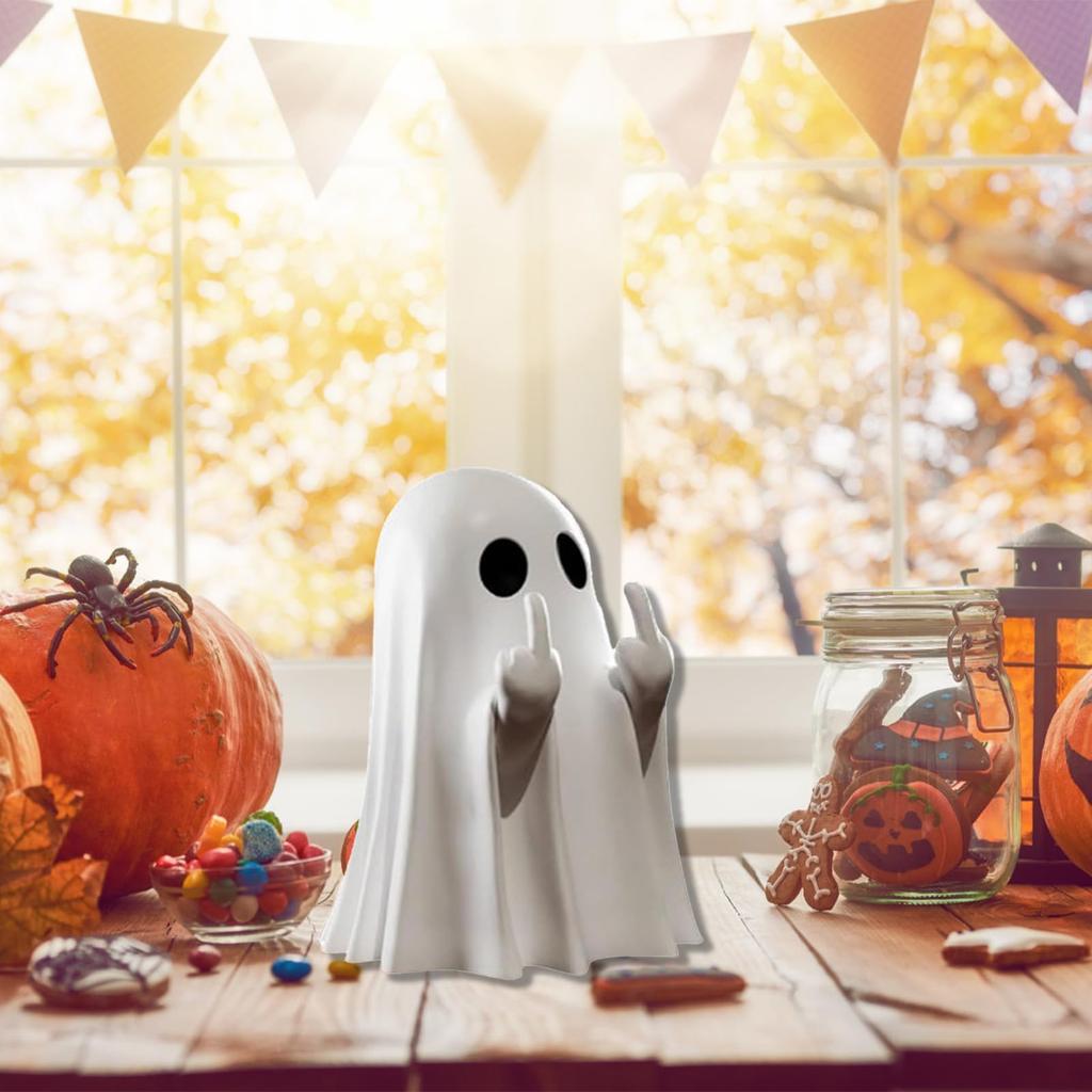 Cute Ghost Statue, Funny Ghost Figurine with Middle Finger, Spooky Middle Finger Ghost Ornament Halloween Decor Indoor, Halloween Decor for Home Gard