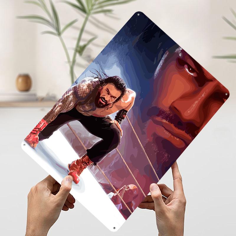 Roman Reigns Wrestling Illustration Metal Poster Customized Wall Art Retro Vintage Tinplate Signs for Man Cave Desk Decor House