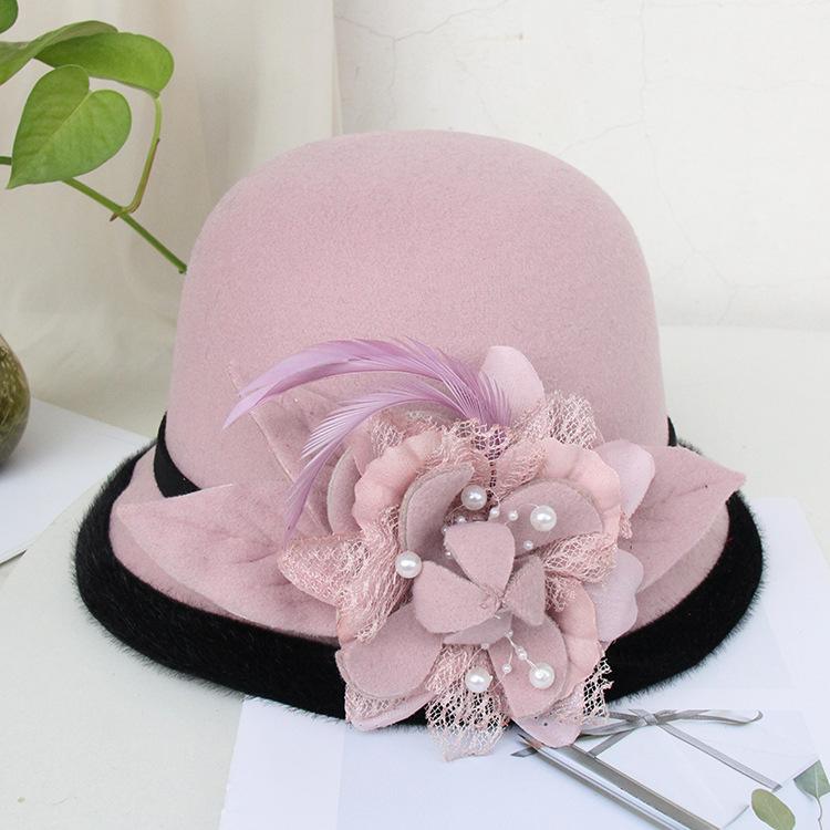 Hat Women's Autumn and Winter New Black Woolen Hat Casual Warm Bucket Hat British Feather Flower Top Hat