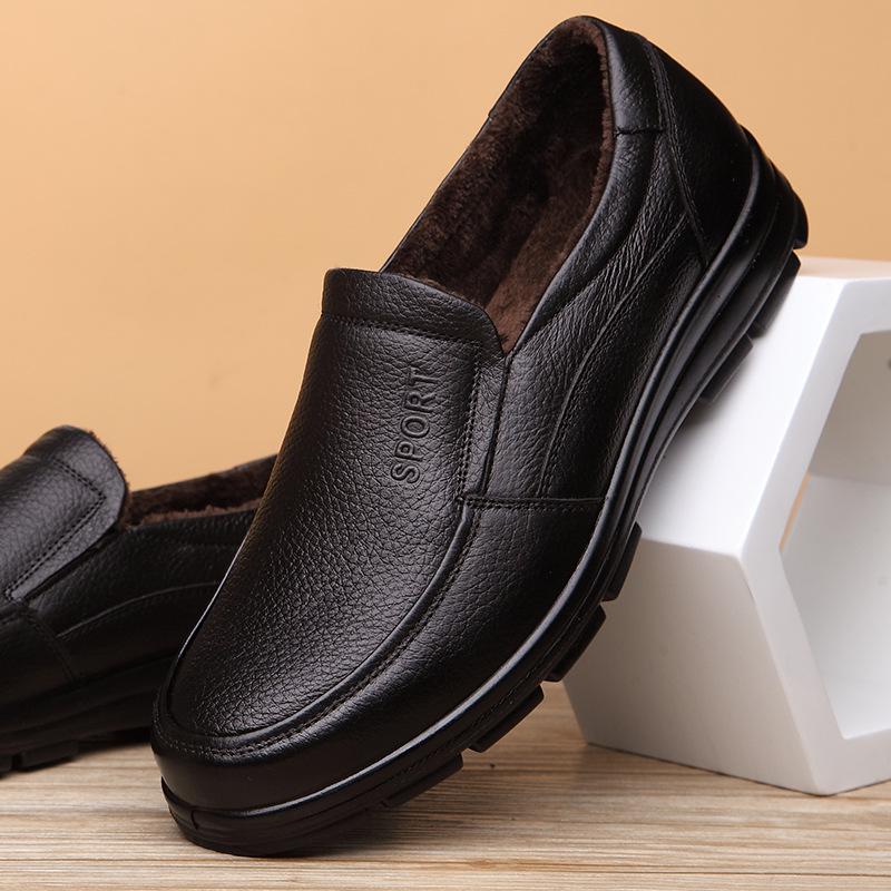 2025 Winter Genuine Leather Shoes Mens Brogues Warm Plush Brand Male Footwear Pure Black