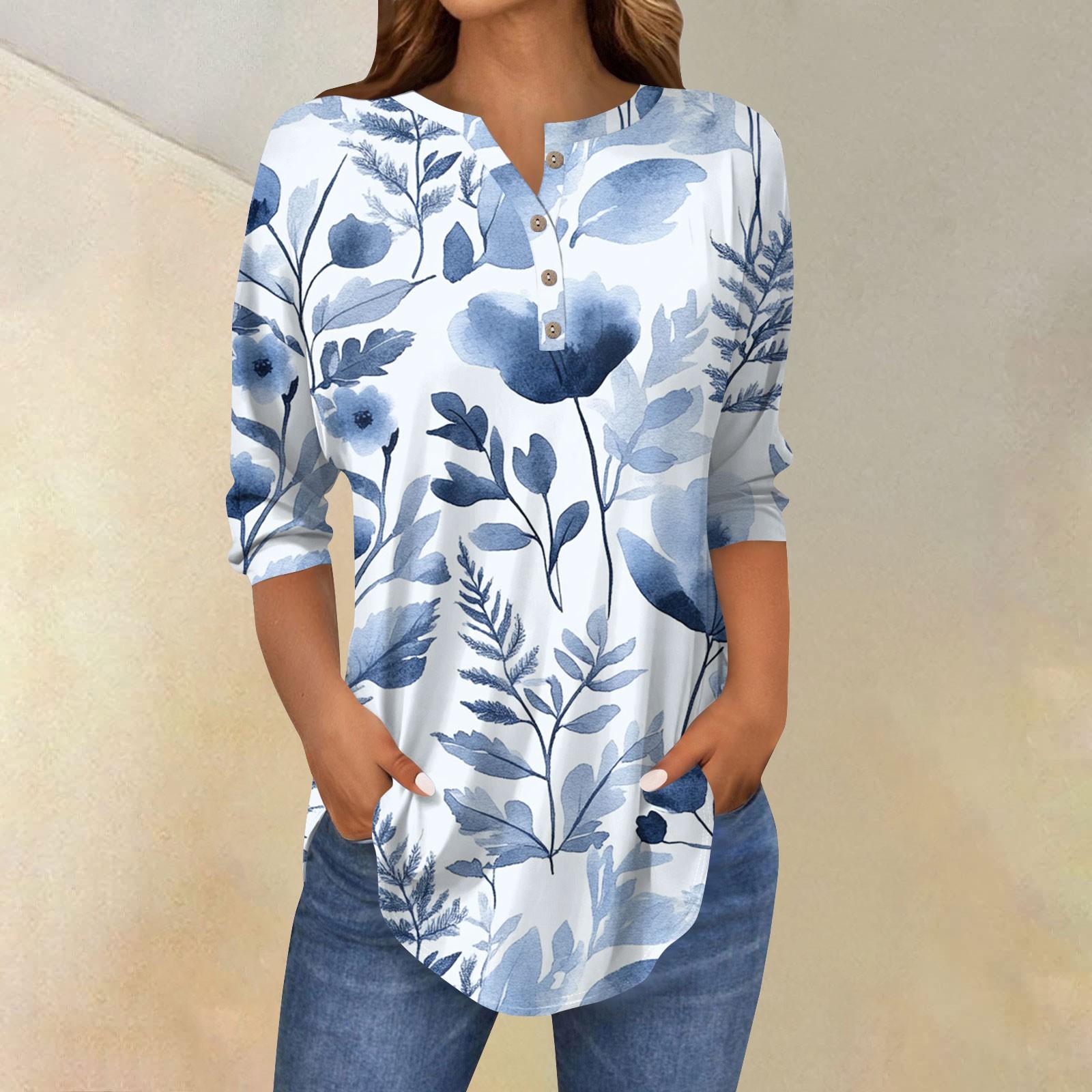 

Женская свободная футболка-пуловер с воротником на пуговицах и рукавами три четверти S синий