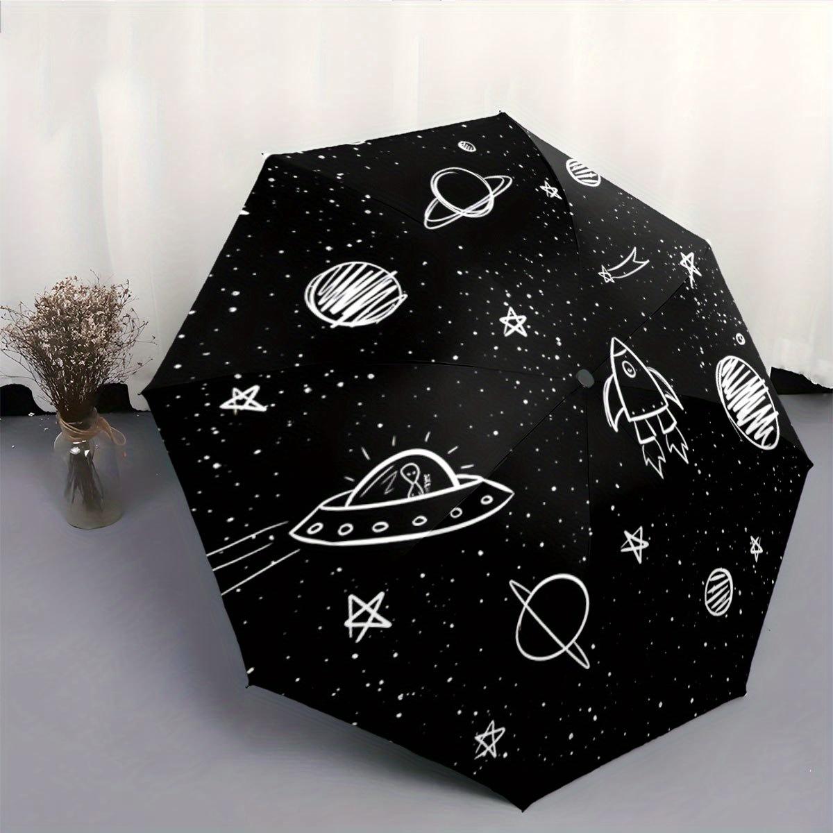 

Automatic Folding Umbrella Space-themed with Planets, Stars, a Rocket, And a UFO. Portable Collapsible Design, Casual Outdoor (as the picture,Iron&8K)