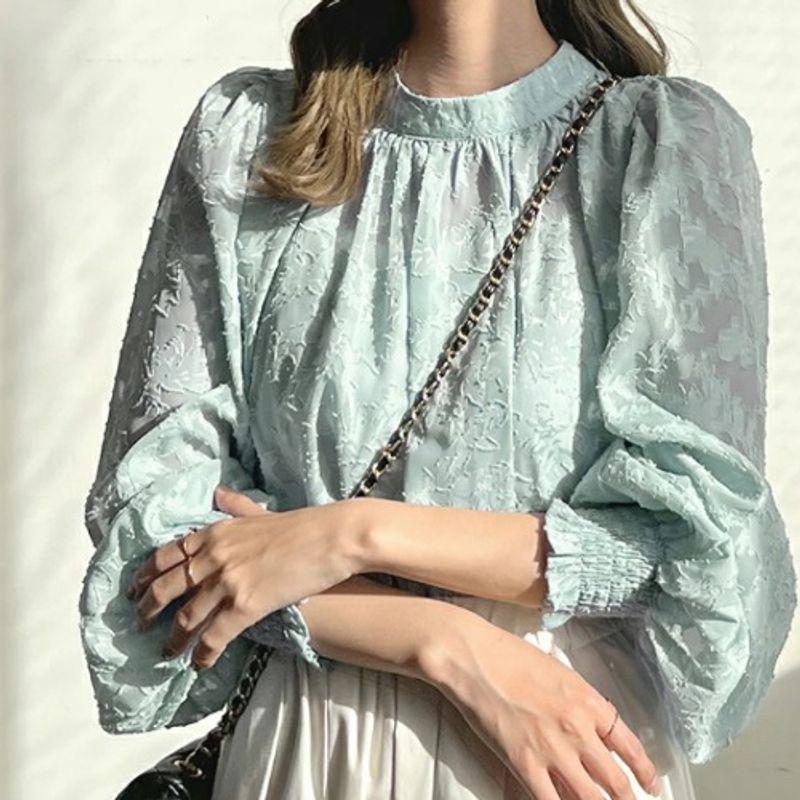 Fall Standing Collar Plus Size Loose Work Clothing Bubble Long Sleeve Chiffon Shirt Lace Tops Sun Protection Clothing Air Conditioning Shirt for Women