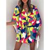 2026 Frühling Damen V-Ausschnitt Fledermausärmel Tropischer Print Kordelzug Taille Mini Strandkleid Urlaubs Überwurf Kurzes Kleid