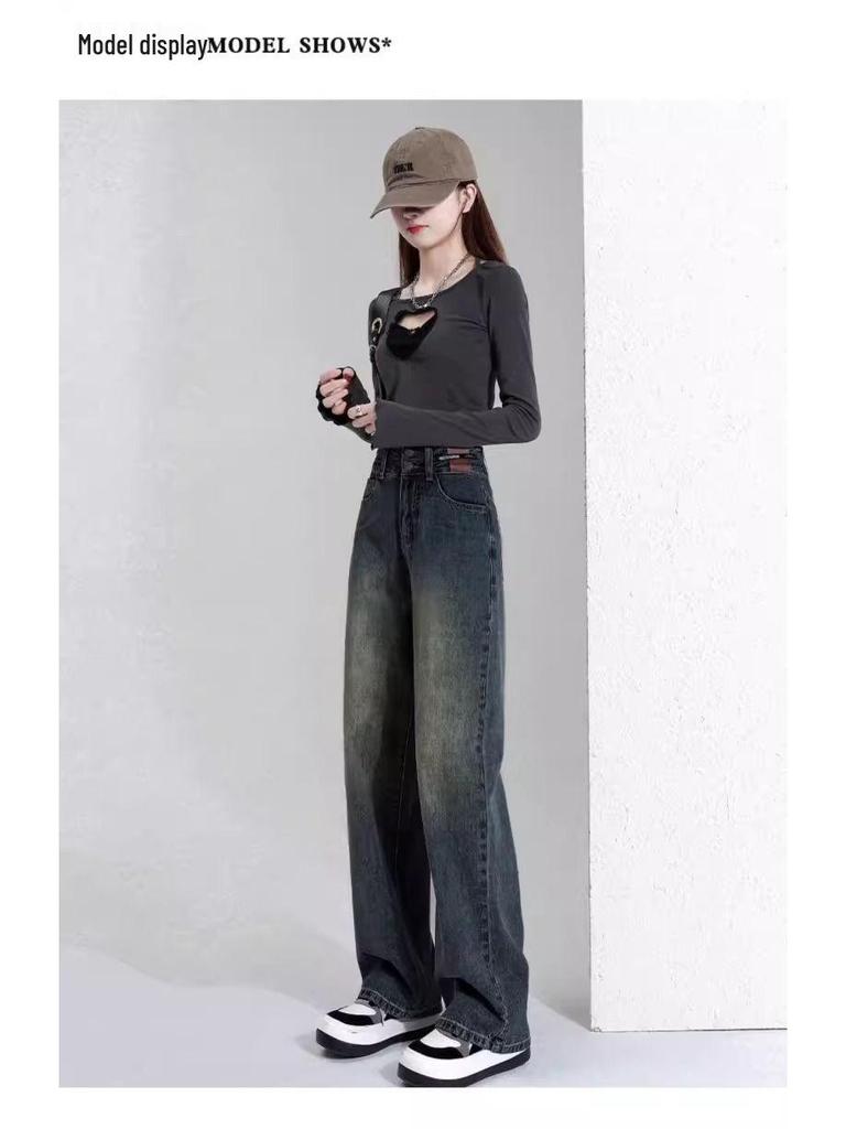 Women's Fleece-Lined Wide-Leg Jeans: New 2024 Autumn/Winter Petite Style, Thickened and Straight-Leg Design.