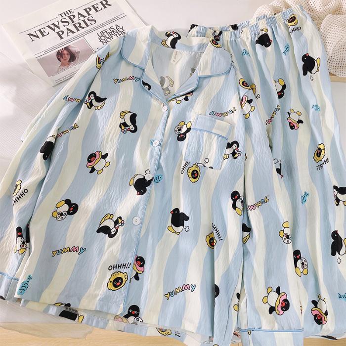 Moon Bear Cartoon Fashion Women's Pajamas Korean Style Casual Soft 2 PC Set Pajamas Autumn Long Sleepwear Lapel Neck New 2025