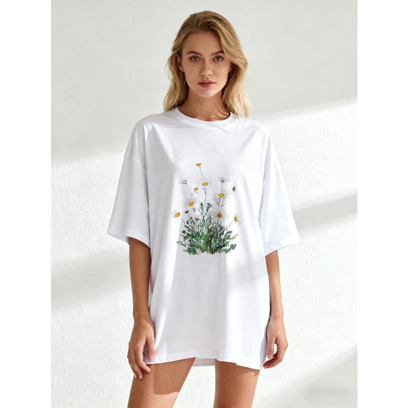 Oversized T Shirt Black Daisy Flower Print Casual Wear For Women Summer Outfit Streetwear Fashion Top Boho Style Graphic Tee