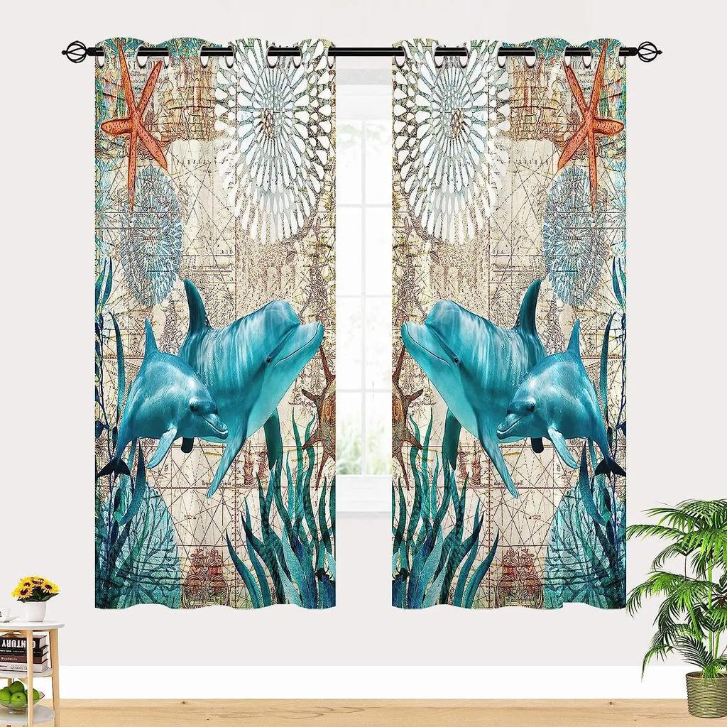 Ocean Animal Landscape Window Curtain, Coral with Nautical Map, Thin, Octopus, Living Room, Bedroom Decor