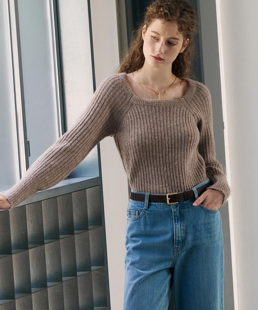 Deuloupisumeon Alpaca Volume Sleeve Square Ribbed Knit [D.Grey]