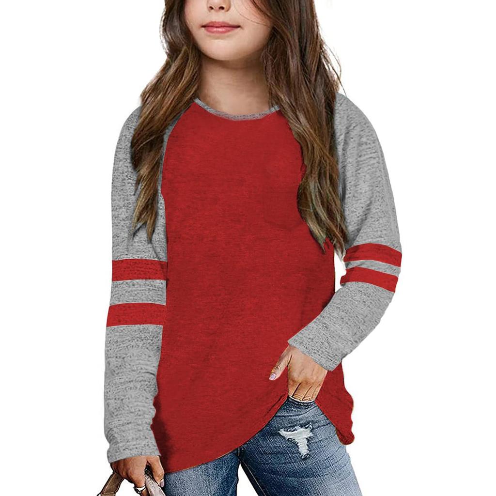 Flicktröjor För 4-15 År Långärmade Raglan Toppar med Rund Hals och Ficka