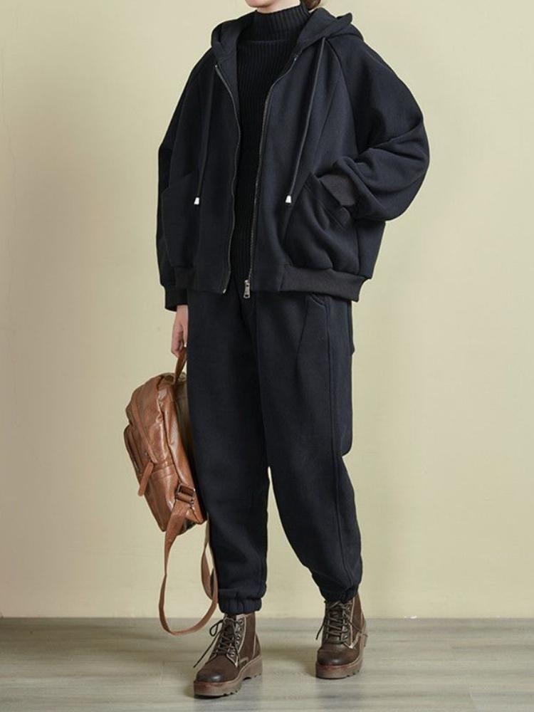 Y2K Fashion Women Autumn Winter 2 Piece Set Fleece Casual Hooded Sweatshirt Elegant Loose Thickened Sport Suit New Clothes