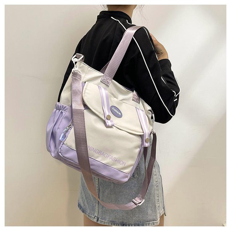 Japanese Style Color Block Canvas Tote Bag for Students, Large Capacity Book Shoulder Bag with Handles, Casual School Commute Handbag