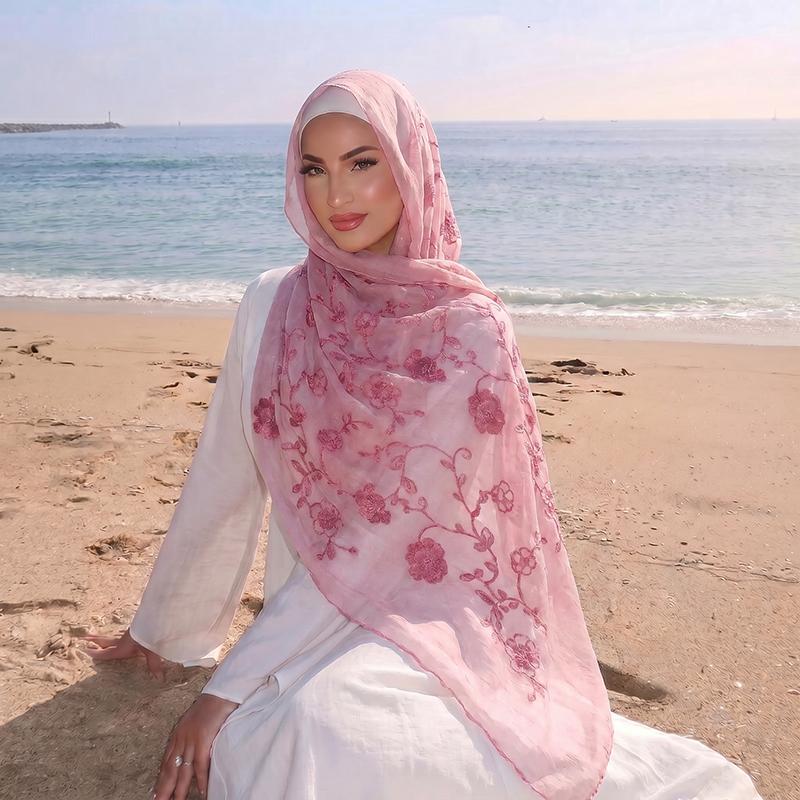 Floral Embroidery Muslim Hijab Sheer Scarf Soft Lightweight Headscarf for Women Daily Modest Wear Islamic Head Wrap Accessory