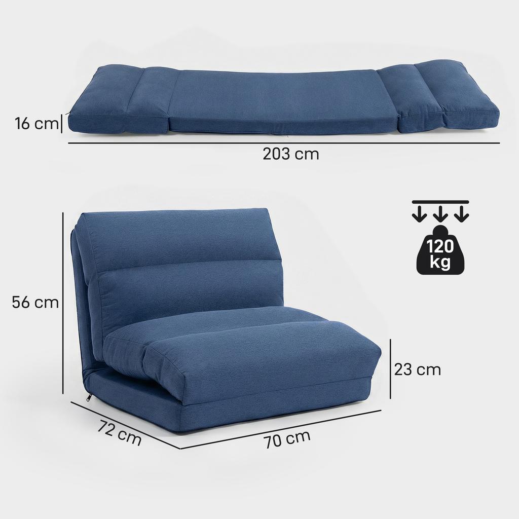 Bean Bag with Bed Function, Reclining Backrest, Foldable, up to 120kg, 70 x 72 x 56 cm, Dark Blue