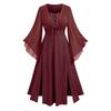 Women V Neck Long Sleeve Lace Up Maxi Dress with Split Hem and Flared Cuff Retro Style for Casual or Special Occasions