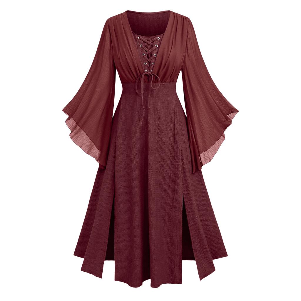 Women V Neck Long Sleeve Lace Up Maxi Dress with Split Hem and Flared Cuff Retro Style for Casual or Special Occasions