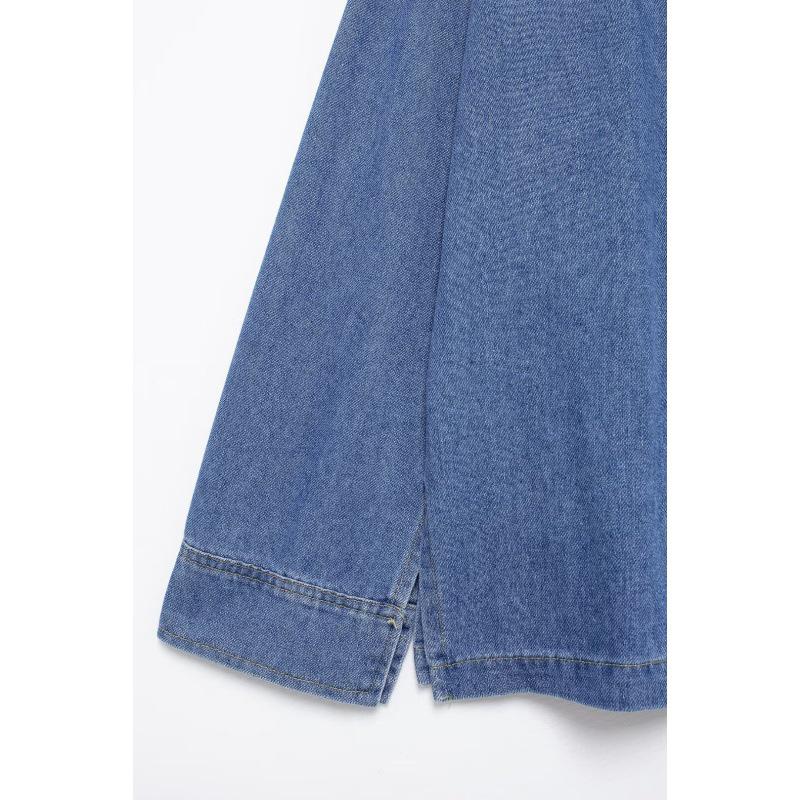 2025 Euro-American Style Denim Open Collar Top & High Waist Wide Leg Pants Set