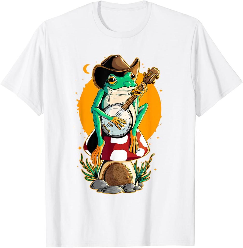 Cowboy Frog Playing Banjo Mushroom House Graphic T-Shirt Retro Cottagecore Aesthetic Casual Cotton Tee