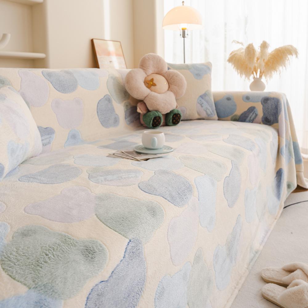 Fleece Sofa Cover Towel Winter Thickened Fleece Sofa Cushion Cartoon Style Leather Sofa Cover