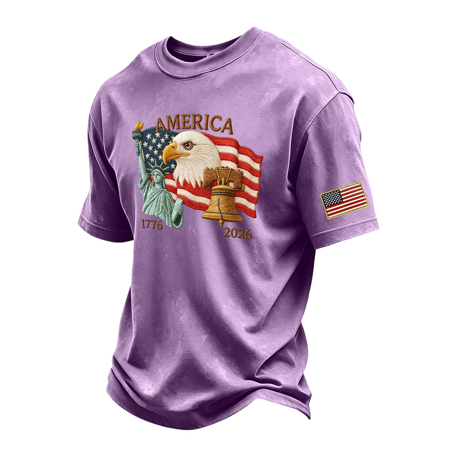 

Men s Vintage Washed Crew Neck Short Sleeve T Shirt with Patriotic Print Featuring Eagle Statue of Liberty and Liberty Bell Graphic XL фіолетовий