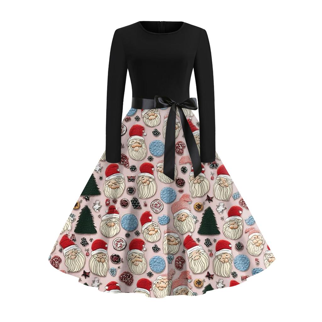 Damen Modisches Und Elegantes Herbst- Und Winter Langarm Rundhals Weihnachtsdruck Kleid