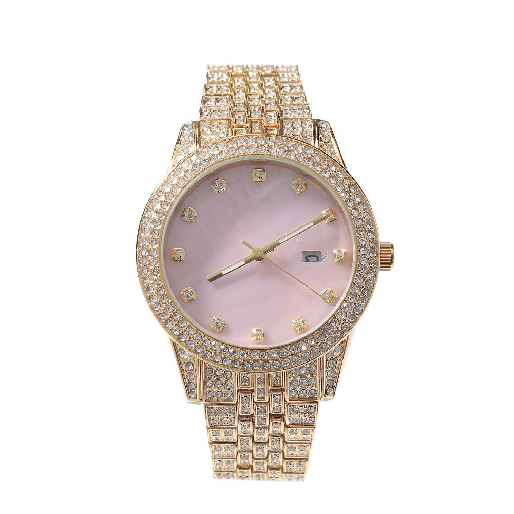 THE BLING KING Mother of Pearl Pink Dial Full Iced Out Two Tone Quartz Clock Business Waterproof Watches For Men Women