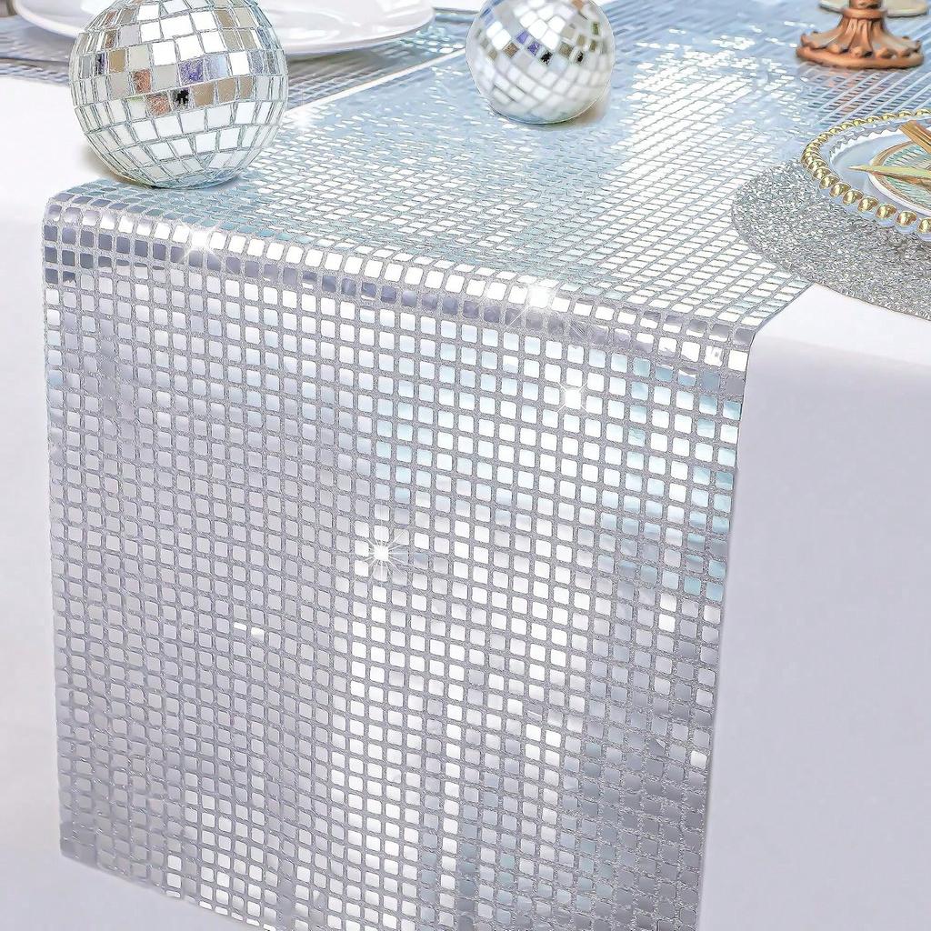 1pc Shiny Disco Tablecloth, Mirror Silver Disco Party Table Runner, Sequined Disco Tablecloth For 70s 80s Theme Birthday Party Bachelorette Party