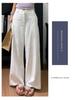 Women's High-Waisted Dark Blue Cotton Linen Wide-Leg Pants