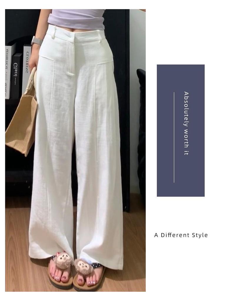 Women's High-Waisted Dark Blue Cotton Linen Wide-Leg Pants