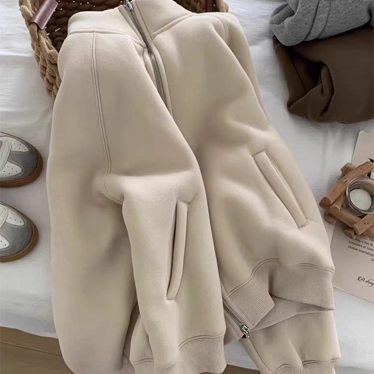 Thickened Velvet Sweatshirt Jacket Zipper Collar Warm Casual Autumn Winter Commute Women's