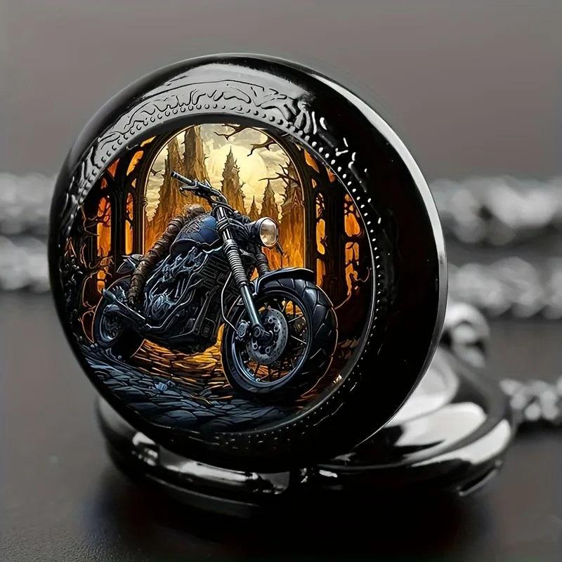Vintage Black Motorcycle Quartz Pocket Watch Necklace Pendant with World Time Feature