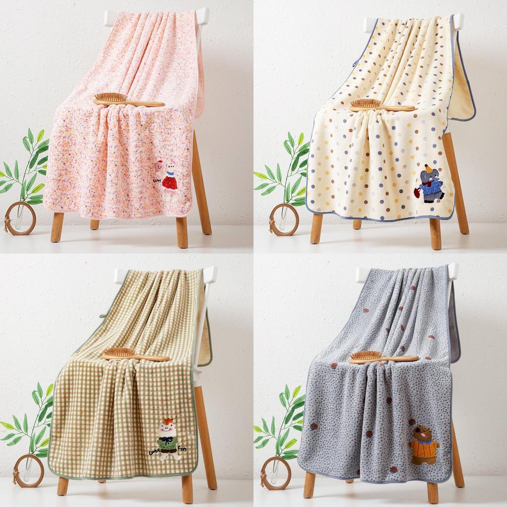 Coral Fleece Bath Towel With Animals Embroidery For Adults And Couples Home Use Gift