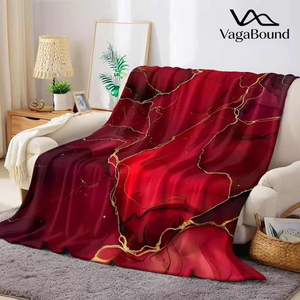 Red Gold Ink Marble Flannel Blanket Warm Soft Halloween Christmas Decorative Couch Warm Cozy All-Season Gift