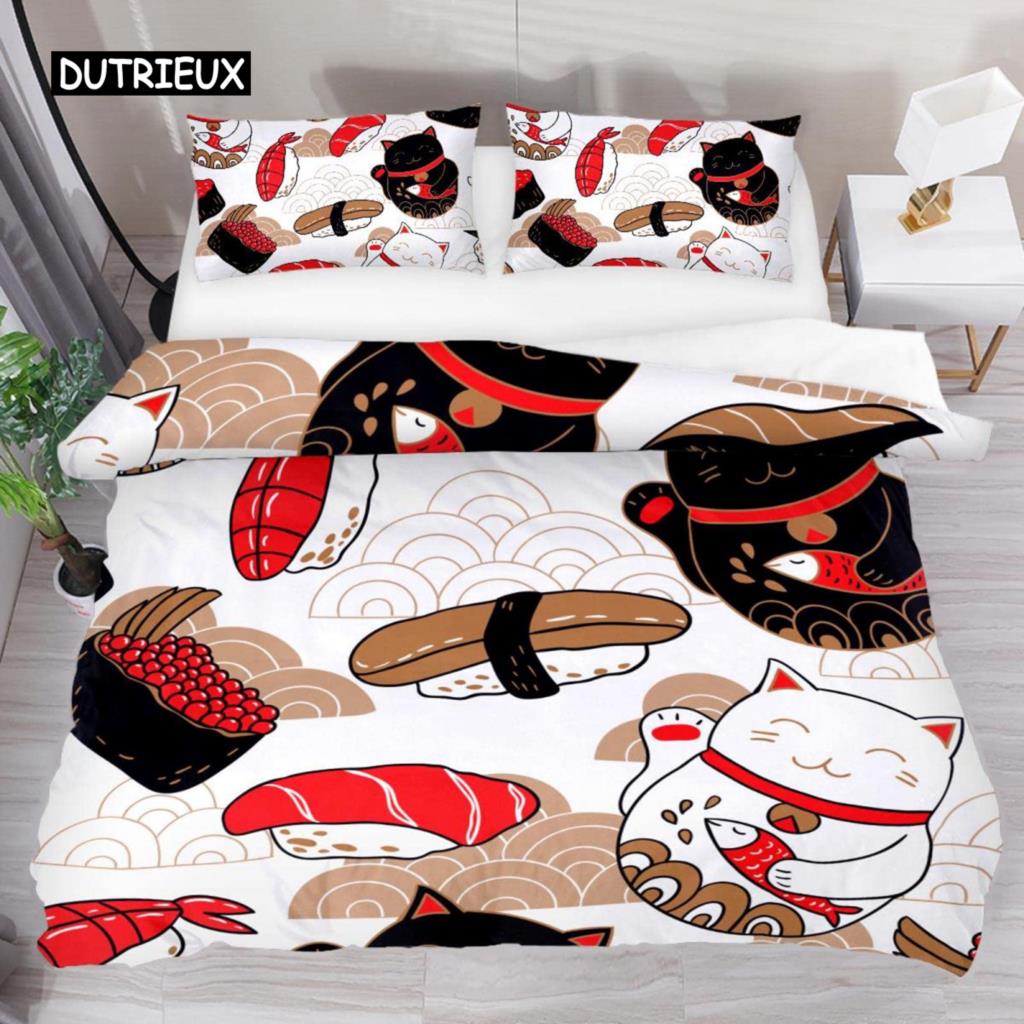 Japanese Lucky Cat Duvet Cover Set Kawaii Cats Bedding Set for Kids Boys Girls Exotic Style Black White Kitten Comforter Cover