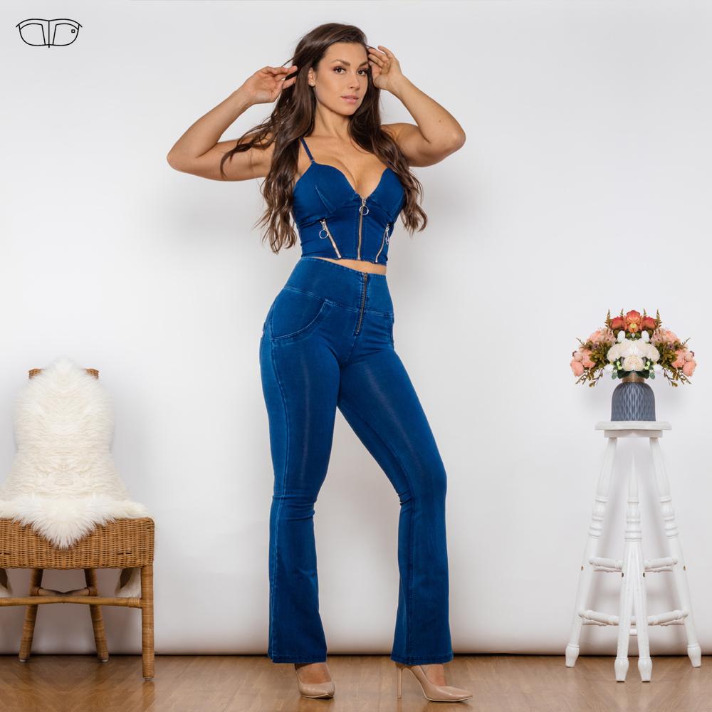 Shascullfites Shaper Set Body Body Tričko na zip Push Up Tmavě modré džíny Top Džíny s vysokým pasem Dvoudílné šaty