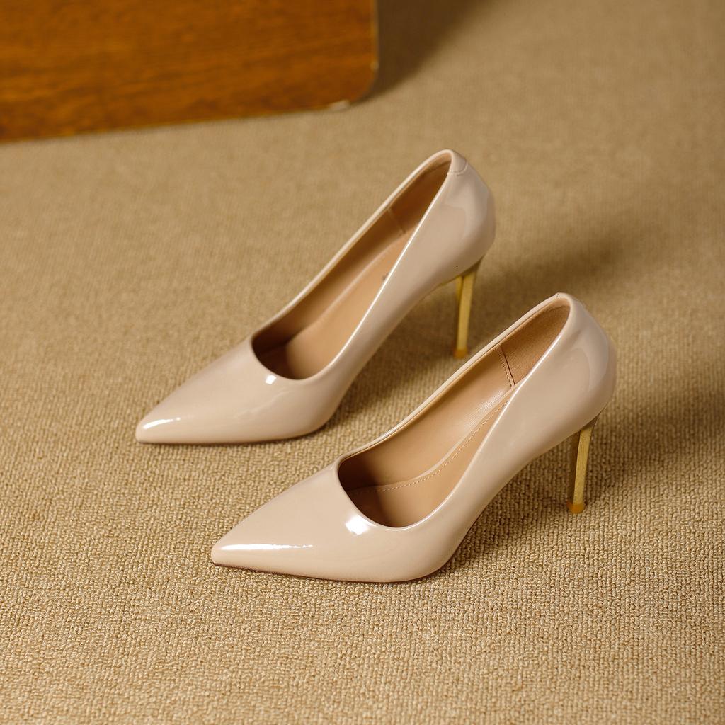Thin heels high heels 2026 spring French patent leather glossy temperament pointed wedding shoes foot cover shallow mouth single shoes