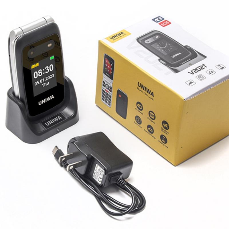 Mobilní telefon V202T 4G se dvěma obrazovkami a velkými tlačítky Kamera s svítilnou pro nouzové volání Bluetooth 1450mAh s duální SIM kartou Flip Telefon