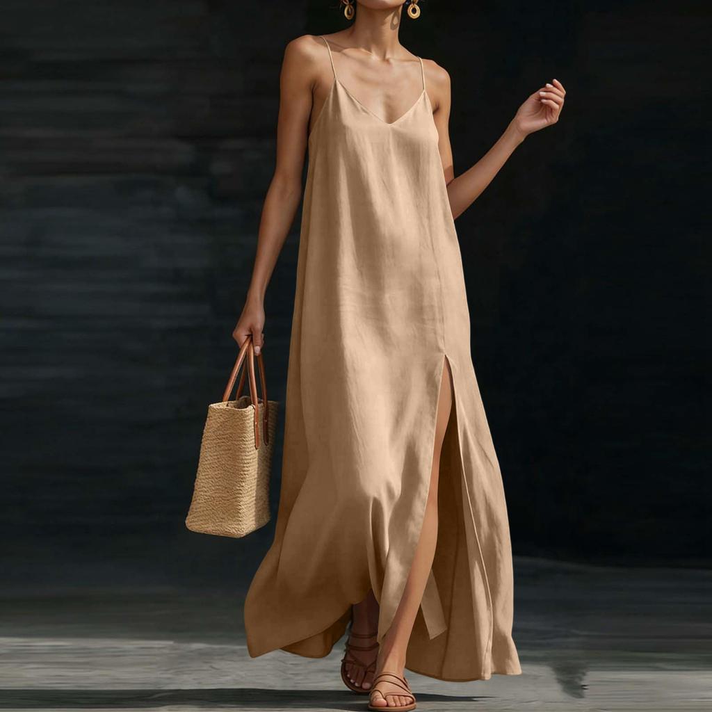 Women's Fashionable V-neck Camisole Long Dress With Loose Hemline And Slit Casual Vacation Dress