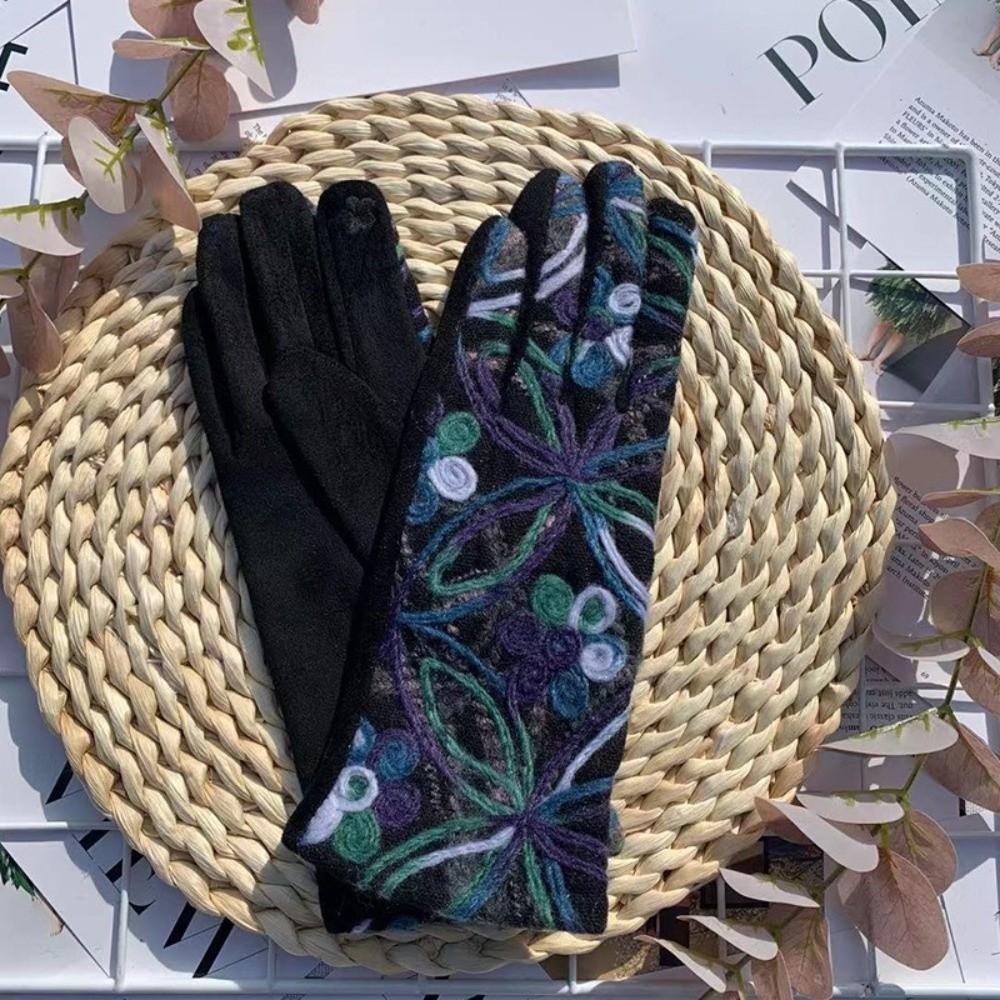 Colorful Pattern Warm Gloves Embroidered Women Mittens Ethnic Style Outdoor Cycling Gloves