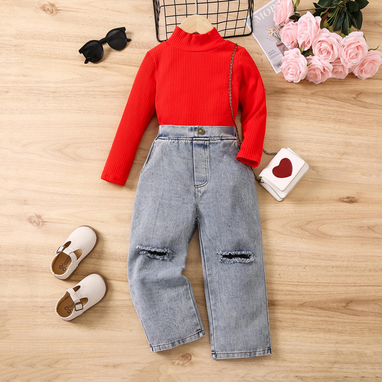 

Осенне-зимний детский однотонный свитер с длинными рукавами и джинсовые брюки 130cm красный