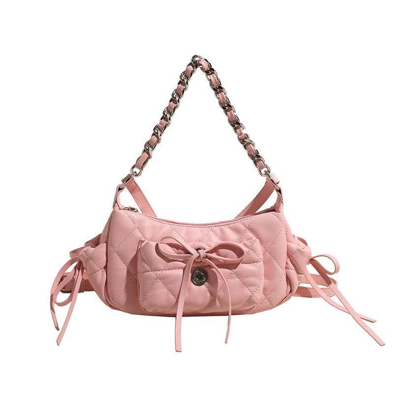 Geantă pentru subrat cu lanț texturat pentru femei, cu fundă nouă, la modă, cu un singur umăr, genți de mână pentru femei, retro, ocazional pentru navetă.