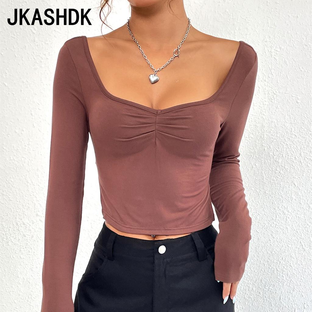 JKAASHDK Dámská móda Ležérní Jednobarevný potisk Jaro Podzim Pulovry s výstřihem do U a dlouhé rukávy