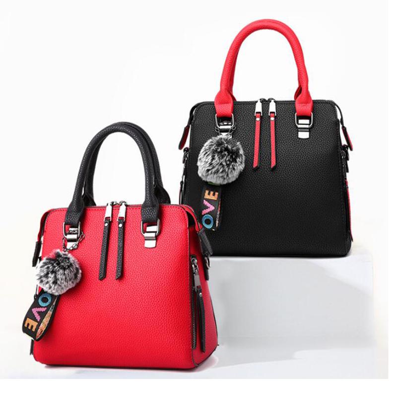 PU Leather Women Messenger Bag Fur Ball Crossbody Flap Bag Female Shoulder Bag Solid Color Handbags