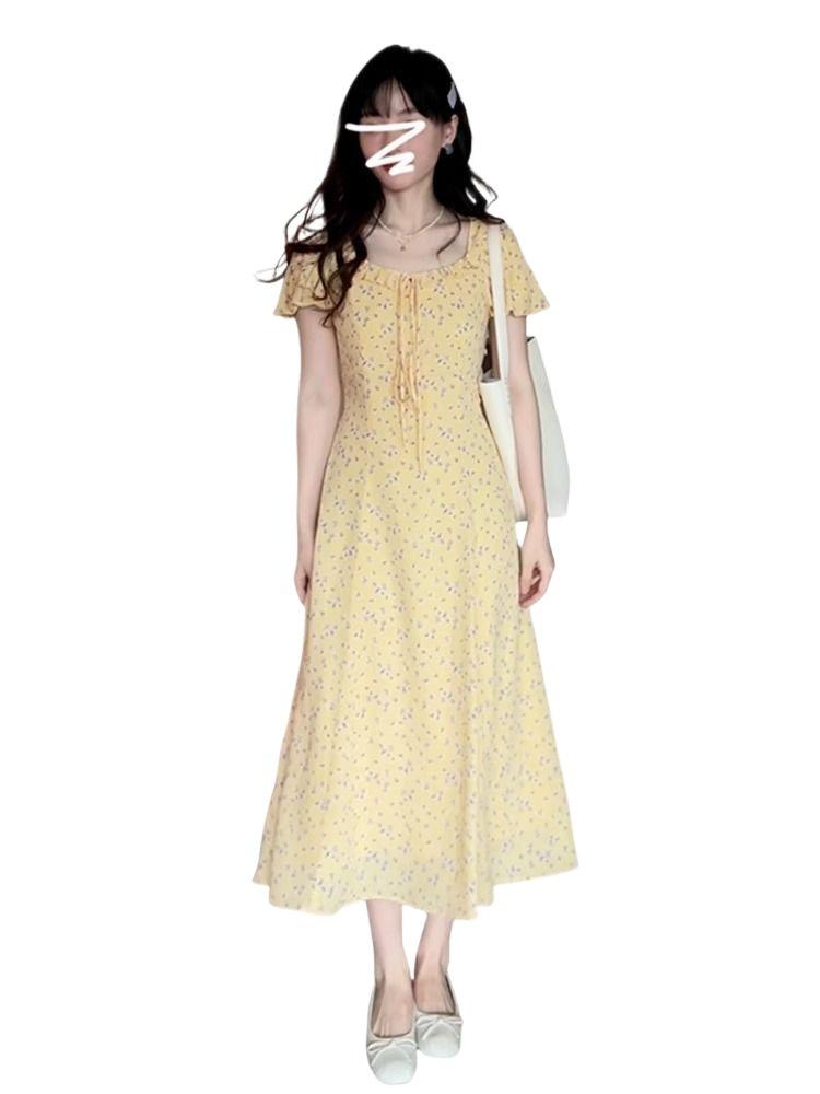 French Temperament Bubble Sleeve Yellow Floral Dress Children's Summer New Small Super Good-looking Long Dress