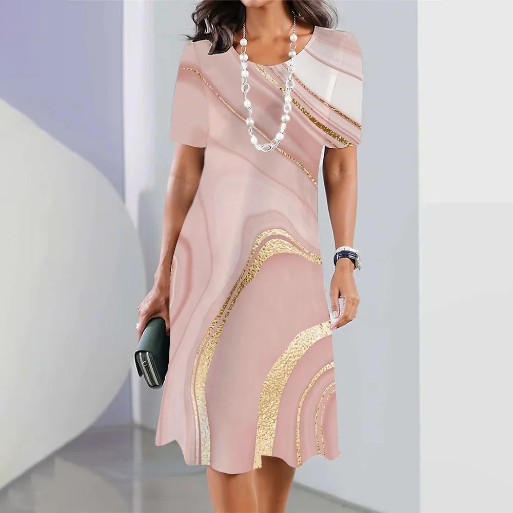Fashion Women's Clothes Striped Printed Dress Women's Elegant and Cute Party Dress Summer Short-sleeved Pullover Color Impact Dress